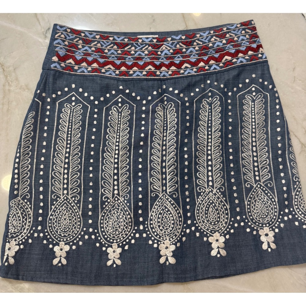 Rahi Cali Blue Embroidered Boho Mini Skirt Women Sz M Geometric Floral Lined #80